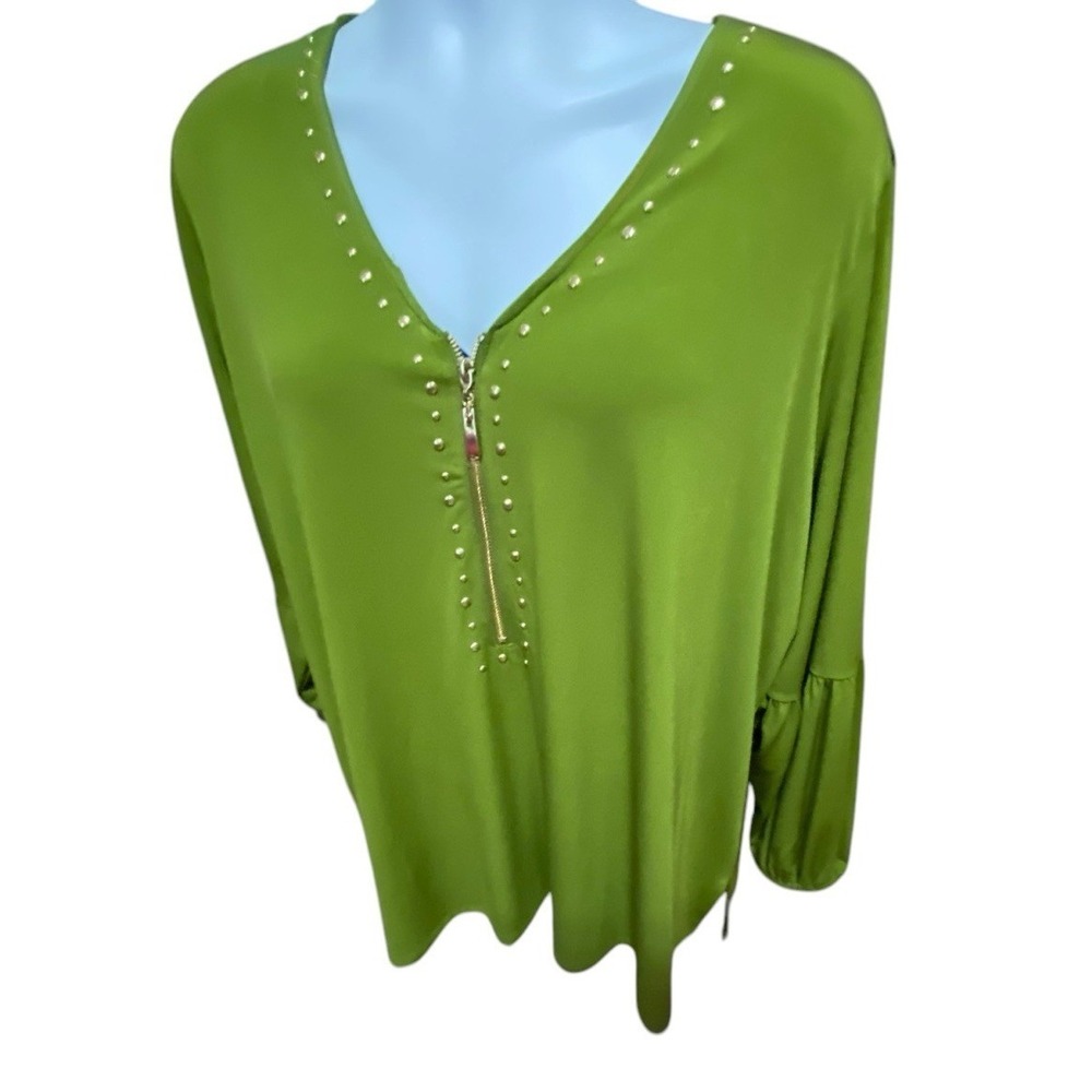 Carmen Marc Valvo Womens Top 3X Green Studded Zip Bell Sleeve Stretch Blouse - Picture 9 of 9